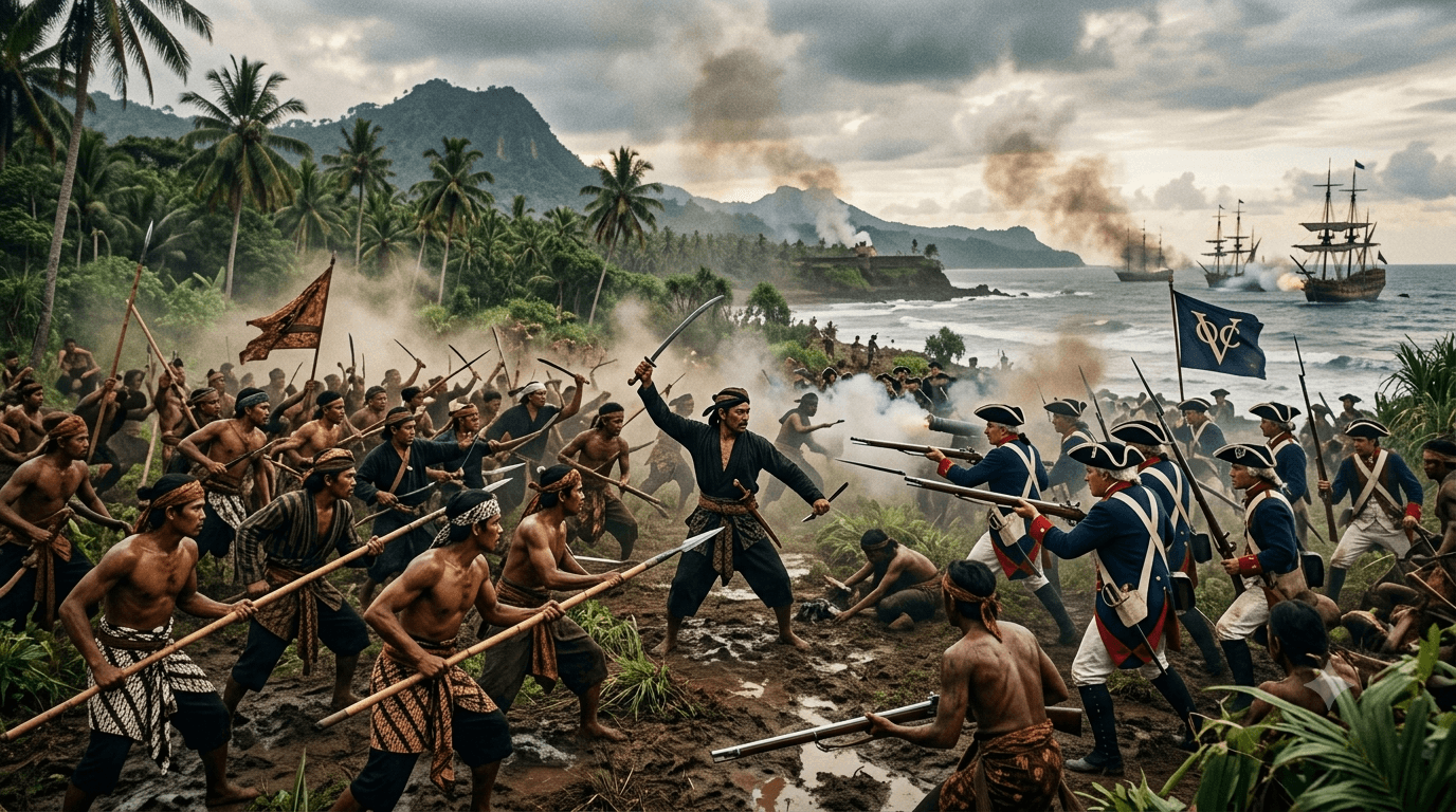 Blambangan warriors armed with spears and kris daggers fighting VOC Dutch colonial forces on the coastal shores of Banyuwangi.