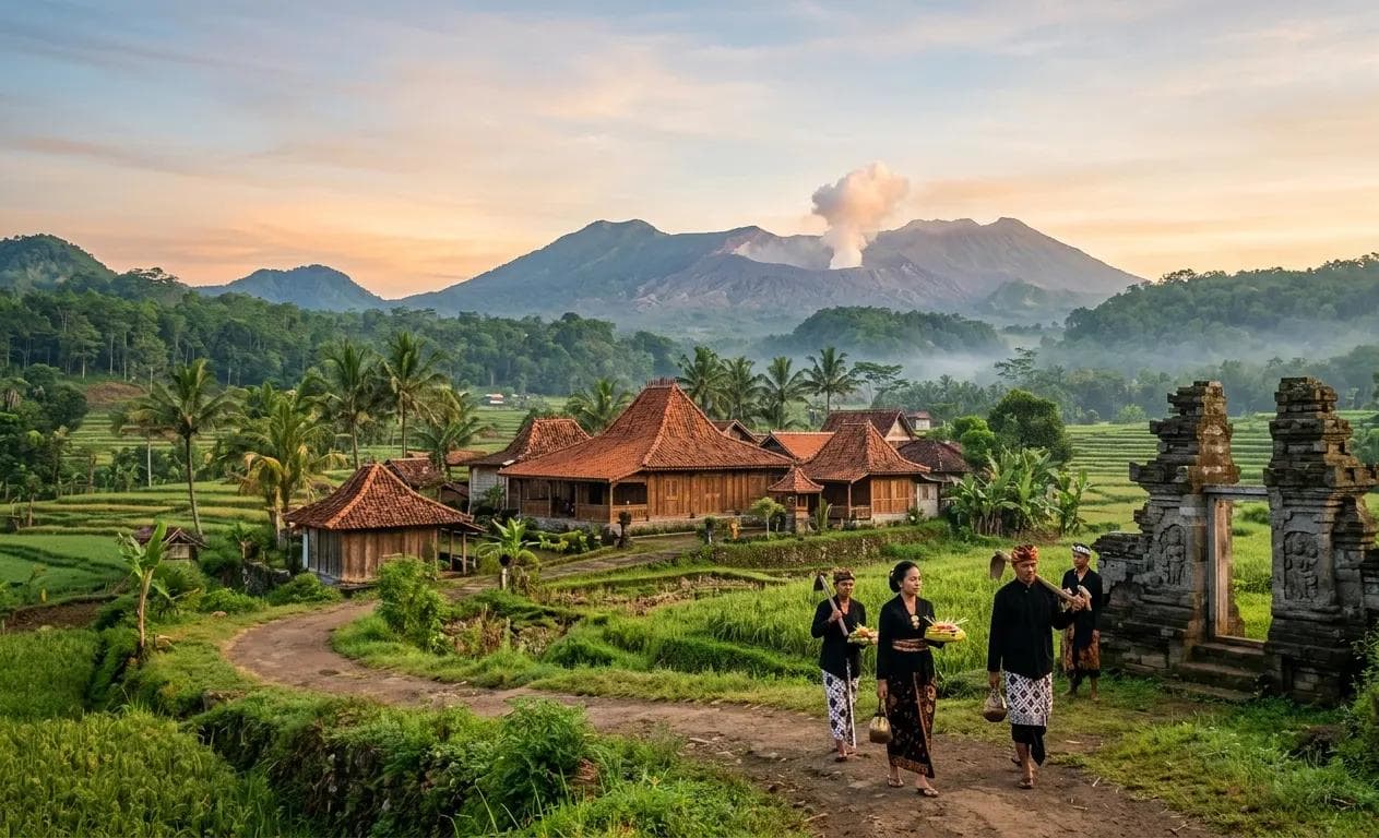 Ilustrasi pemandangan desa adat Osing di Banyuwangi dengan sawah berundak dan pemandangan Gunung Ijen