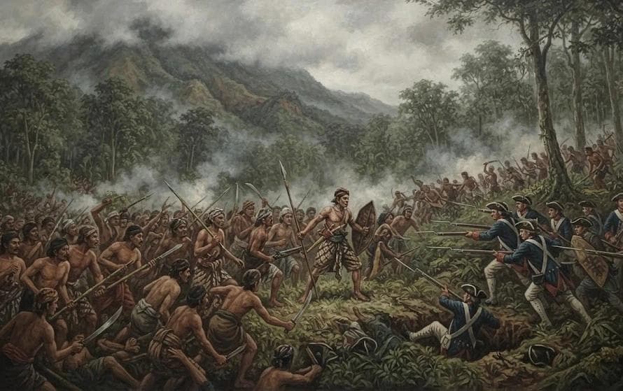 Blambangan warriors fighting against VOC troops in the forests of Banyuwangi.