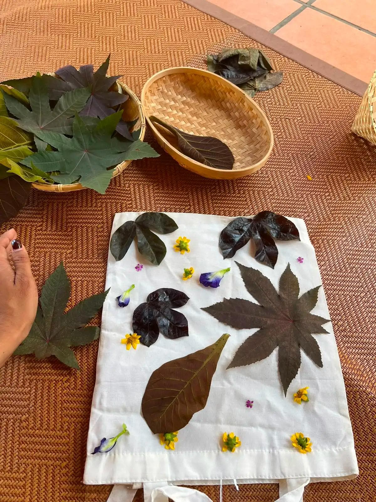 Flowers arranged on fabric before the eco print process