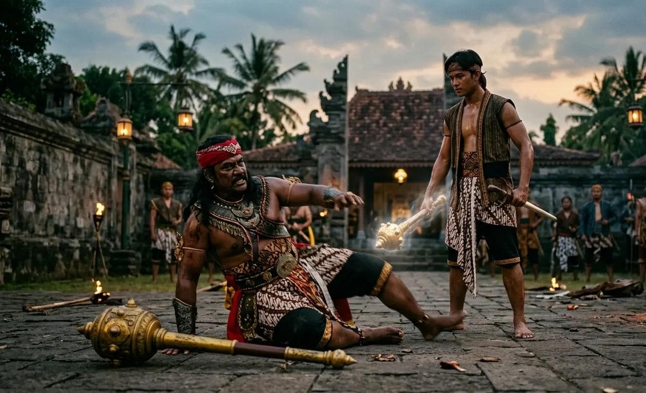 Illustration of Damarwulan fighting Minak Jinggo