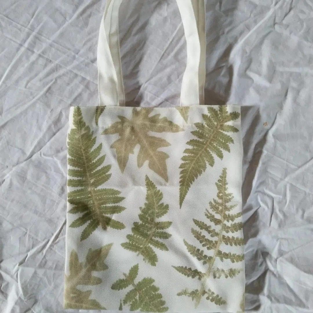 Eco-printed tote bag with fern leaves